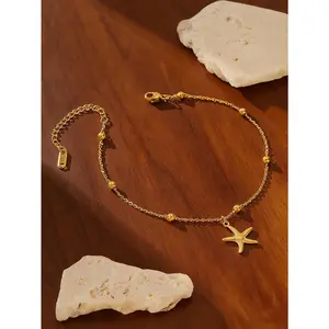 18K Gold-plated Bohemian Ocean Element Clip Bead Chain Starfish Pendant Stainless Steel Women's Ankle Chain Suitable for Daily Use, Vacation, Beach Beach