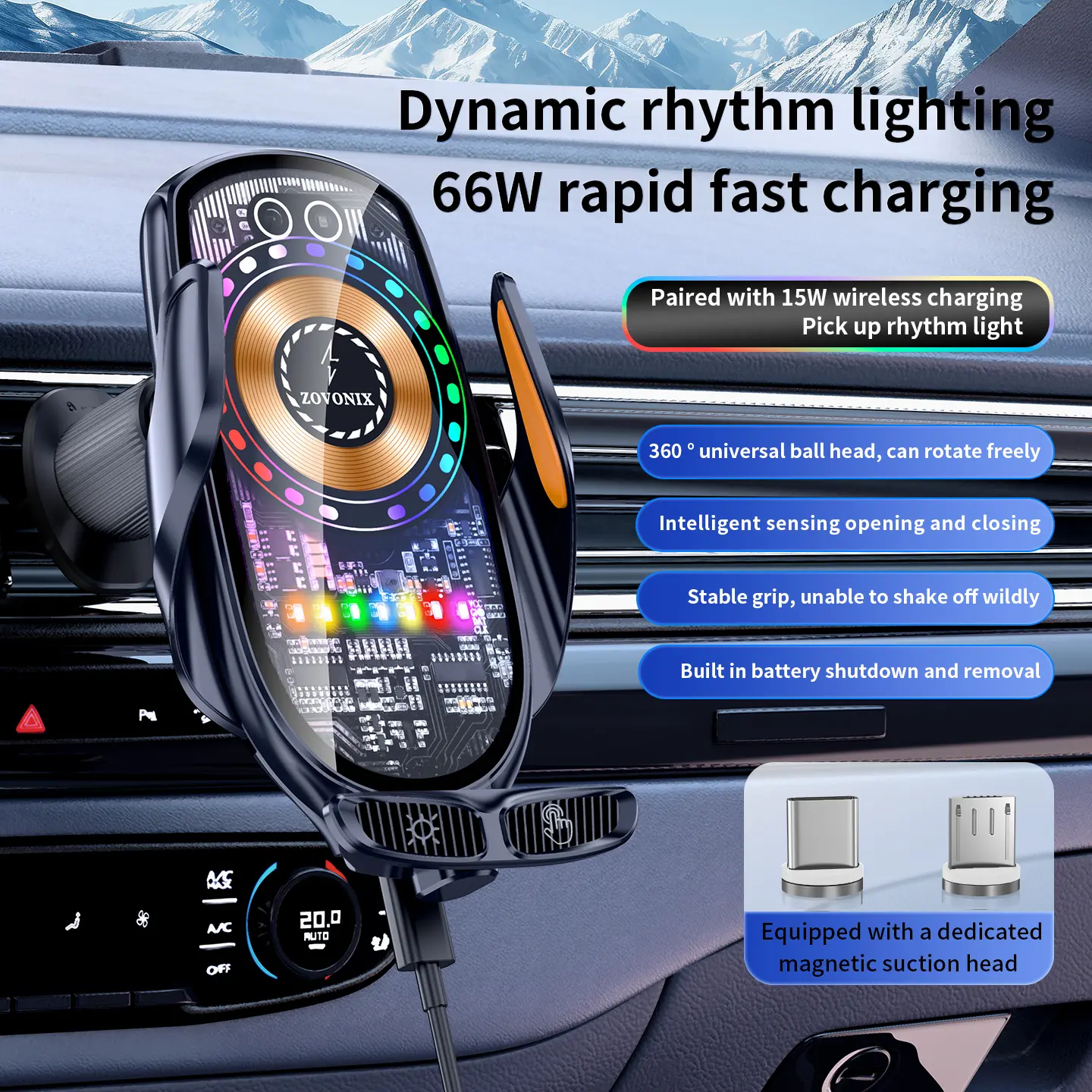 ZOVONIX Cyberpunk Transparent Car Charger Mount: 15W Wireless + 66W Magnetic Fast Charging, Sound-Activated Ring RGB Light, Infrared Auto-Clamping Motor Lock & 360° Universal Ball Head
