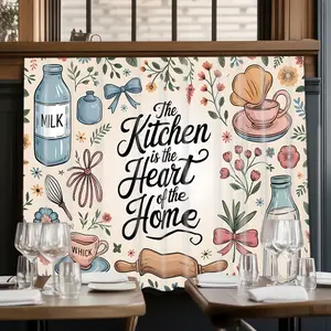 2D Flat Print 1pc,Kitchen themed illustration with text,Kitchen Utensil Print Curtain-Translucent Rod Pocket Design, Machine Washable Contemporary Art Decor for Kitchen,Living Room,Light Filtering Privacy,Light Filtering Drapes