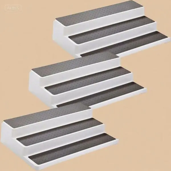 White Grey 3-Tier Rotating Spice Organizer - Non-Slip Silicone Surface Kitchen Storage Shelf - Space-Saving Cabinet Countertop Lazy Susan - Durable Bathroom Pantry Can Rack - 14.4"W x 9.5"D x 3.3"H