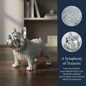 Silver French Bulldog Resin Sculpture, Textured Pearl Body Dog Statue, Pet Lover Gift, Unique Desk Ornament, Modern Chic Home Decor