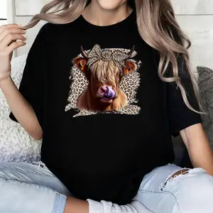Cow Leopard Print T-shirt: Highland Cow Animal Lover Tee  100%Cotton