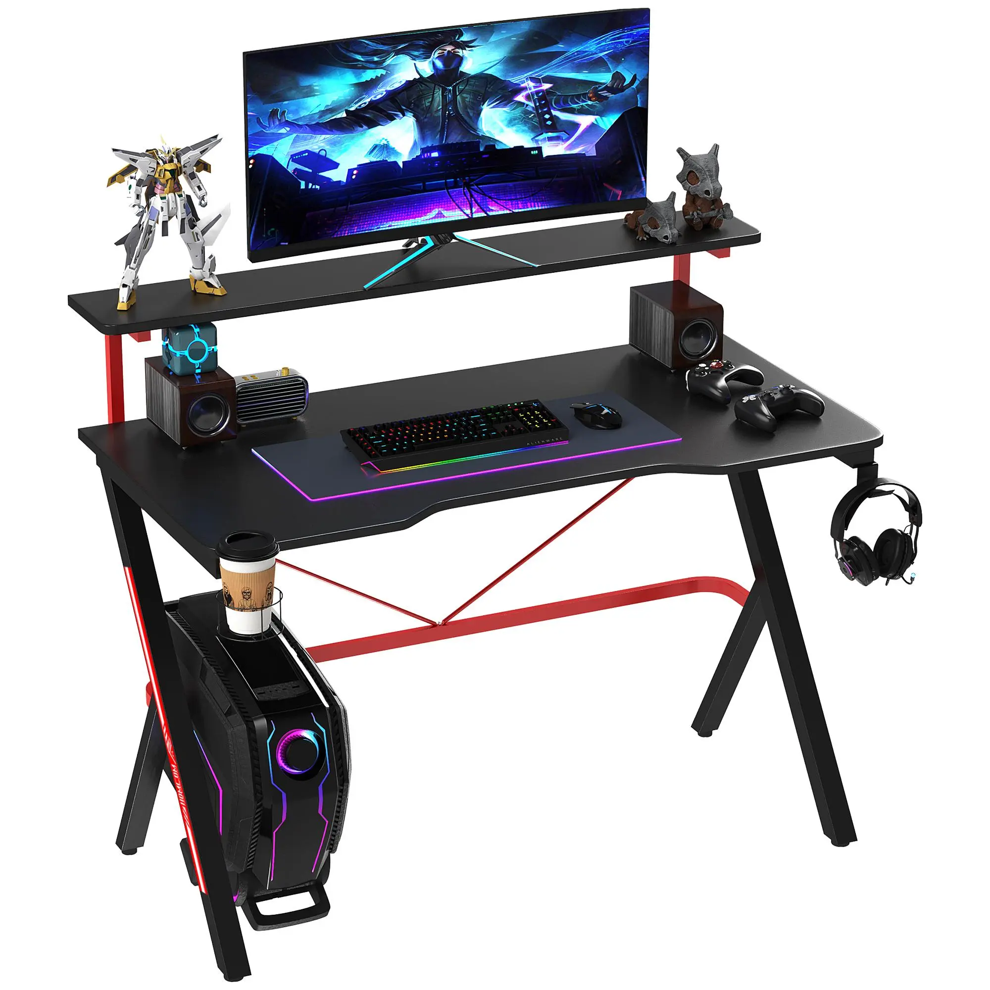 HOMCOM 47-in Adjustable Height Gaming Desk - Metal Rectangle Modern Gaming Furniture, Ergonomic Home Office Computer Desk with Elevated Monitor Shelf, Rotatable Cup Holder, Headphone Hook, Under-Desktop Space, Adjustable Height Desk, Mdf & Metal