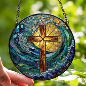 [Made in US] Christian Ocean Beach Stained Glass Cross Suncatcher, Window Hanging Church Decor, Easter Faith Cross, Mother's Day Gift