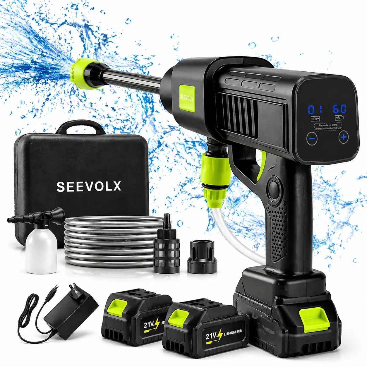 SEEVOLX Cordless Portable & Handheld Pressure Washer, 21V Battery-Powered Model with 10-Level Adjustable Pressure, 2x1300mAh Batteries, 6-in-1 Nozzle, 10M Hose, Foam Cannon for Car, Patio Cleaning, Portable And Handheld Design