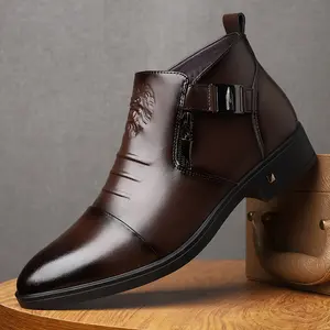 Men's Fashion Boots - Brown, Slip-On, Ankle High, Embossed Design, Rubber Sole | Stylish, Durable, Versatile for Business Casual, Walking Shoes Footwear