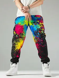 Men’s Vibrant Graffiti Splash Print Jogger Pants - Bright, Neon Accents, Bold Streetwear & Festival Fits, Statement-Making Menswear Bottoms, Bright Men's Pants, Print Men's Pants
