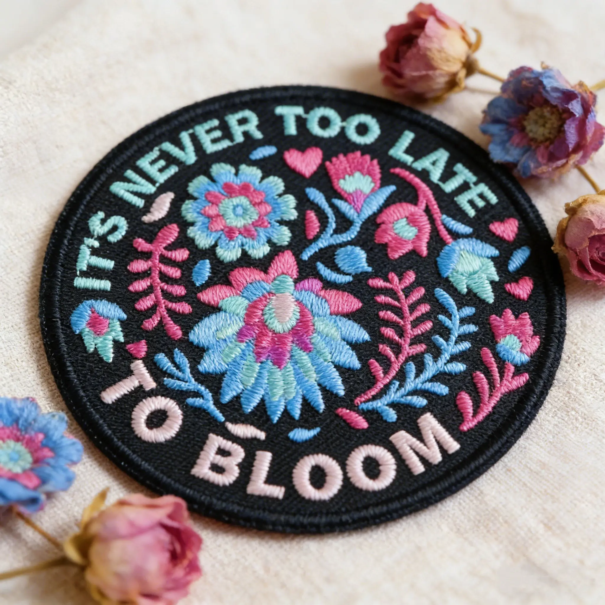 It's Never Too Late to Bloom Embroidered Patch, Multicolor Floral Iron-On Applique, Floral Embroidery Appliques, Embroidery Patches, Back Adhesive, Suitable for Clothes Jackets Hats Accessories