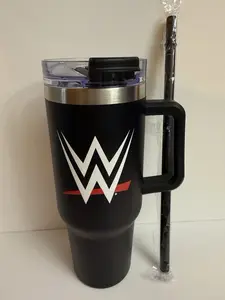 Professional WWE black Stainless Steel Tumbler With Handle Lid And Straw NEW - Ready to Ship
