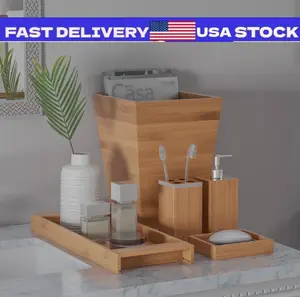 5pc Bathroom Decor Set Bamboo Vanity Accessories 5.4lbs 9.6H x 9.7W Natural