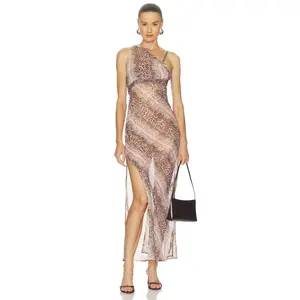 One Teaspoon Negroni Sheer Chiffon One Shoulder Maxi Dress in Cognac Snake