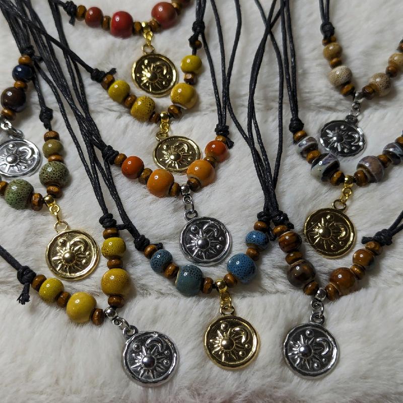 Ceramic Beaded Silver or Gold Moon & Sun Charm Boho Hippie Whimsical Adjustable Black Rope Cord Choker Stacking Necklace