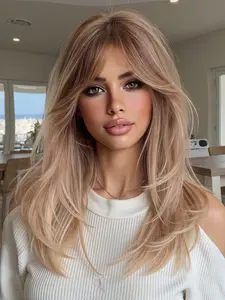 16 Inch Apricot Color Bangs Medium Length Straight Pre Styled Wig, Synthetic Heat Resistant Fiber, Suitable for Women Daily, Party, Festival, Travel, Music Festivals, Synthetic Hair Wig