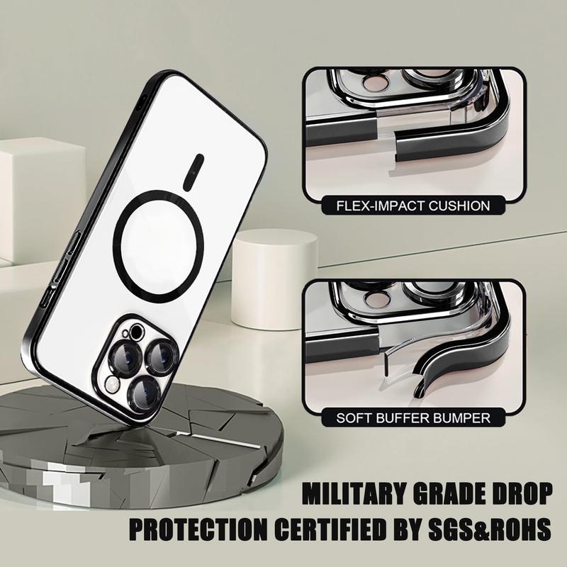 For iPhone17 16 15 14 13 12 11 Pro max Plus MagSafe Cases with Camera Lens Protector Full Protection Clear Magnetic Case Compatible with MagSafe Elegant Anti-Scratch Case Cover Shockproof Protective Case for 17 Pro Max