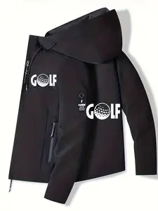 Men and Women Full Zip Hooded Golf Jacket, Logo Collar and Golf Print, Windproof Breathable Outerwear, Spring & Fall Casual Wear