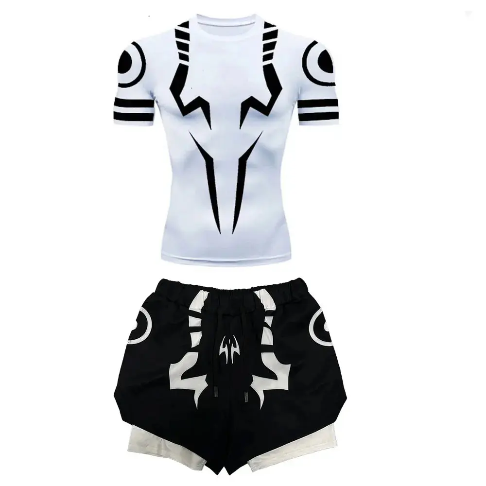 Anime Jujutsu Kaisen Compression Set Fitness Suit for Men Quick Dry 3D Compression Shirt+Gym Shorts Running Workout Sportswear