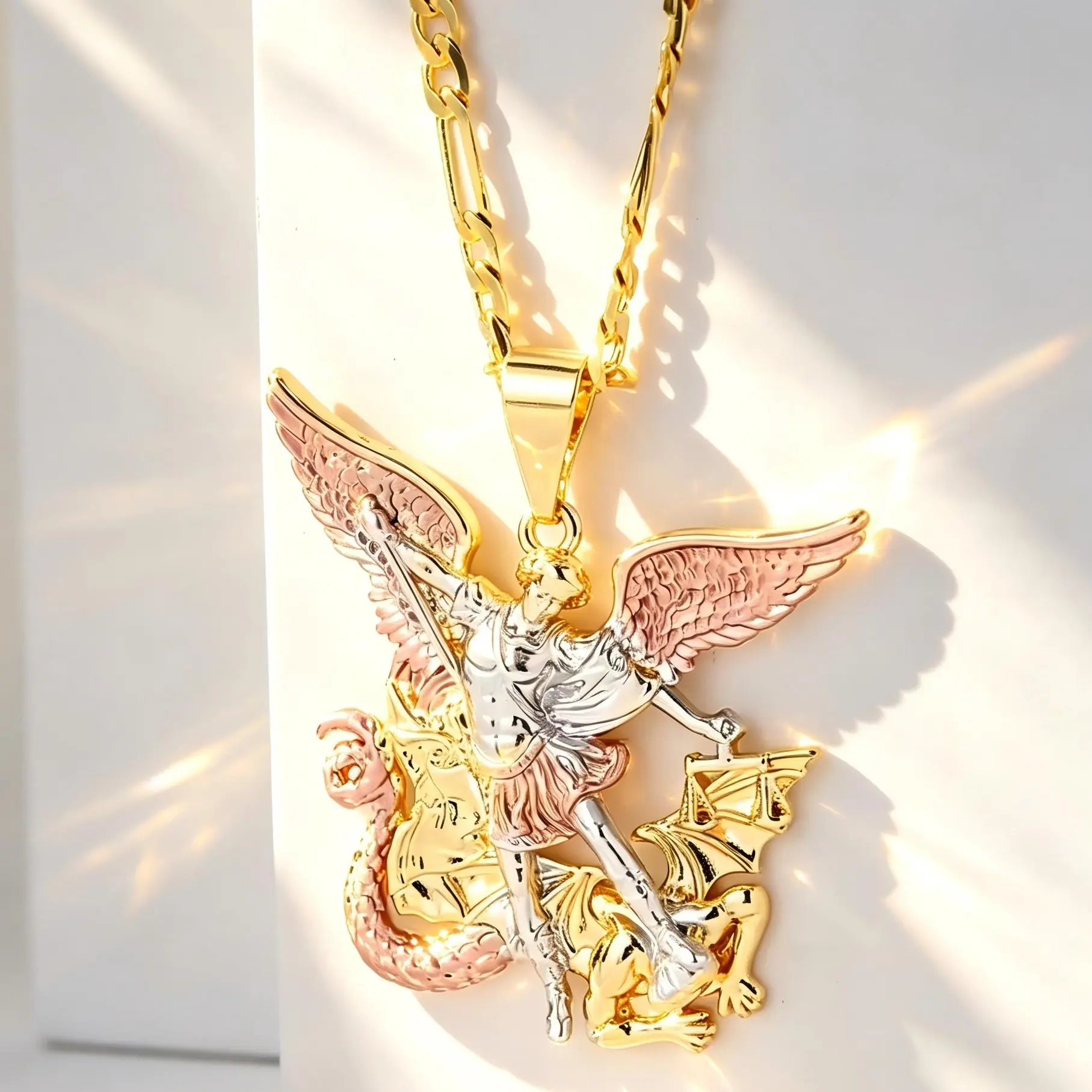 14K Gold Plated St. Michael Necklace, Archangel Defeating Satan Pendant, Fashion Costume Jewelry Accessory