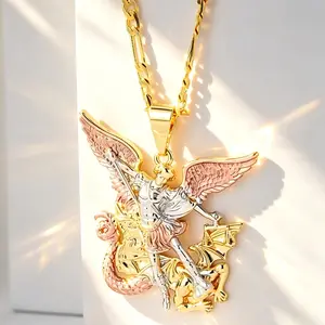 14K Gold Plated St. Michael Necklace, Archangel Defeating Satan Pendant, Fashion Costume Jewelry Accessory