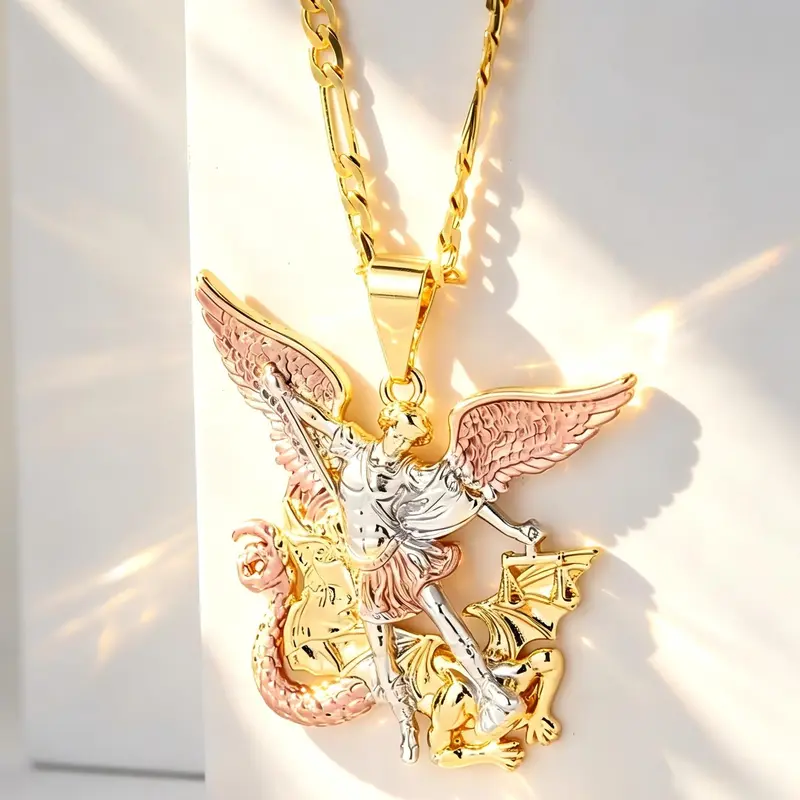 14K Gold Plated St. Michael Necklace - Symbolic Archangel Defeating Satan Pendant, Elegant Design Men's Jewelry, Visual Fashion Costume Accessory, Ideal Gift for Any Outfit