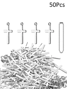 50pcs Mini Cross Pendant Charms, Silver Color Beads with Chain, DIY Jewelry Making, Crafts, Necklaces, Bracelets, Keychains