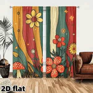 2D Flat 2Pcs Colorful Floral Curtains Window Panels, Retro Vintage Style Sunflower Mushroom Pattern, Boho Aesthetic Design, Semi Sheer Polyester Room Divider, Blackout Treatment for Living Bedroom Kitchen Home Decor