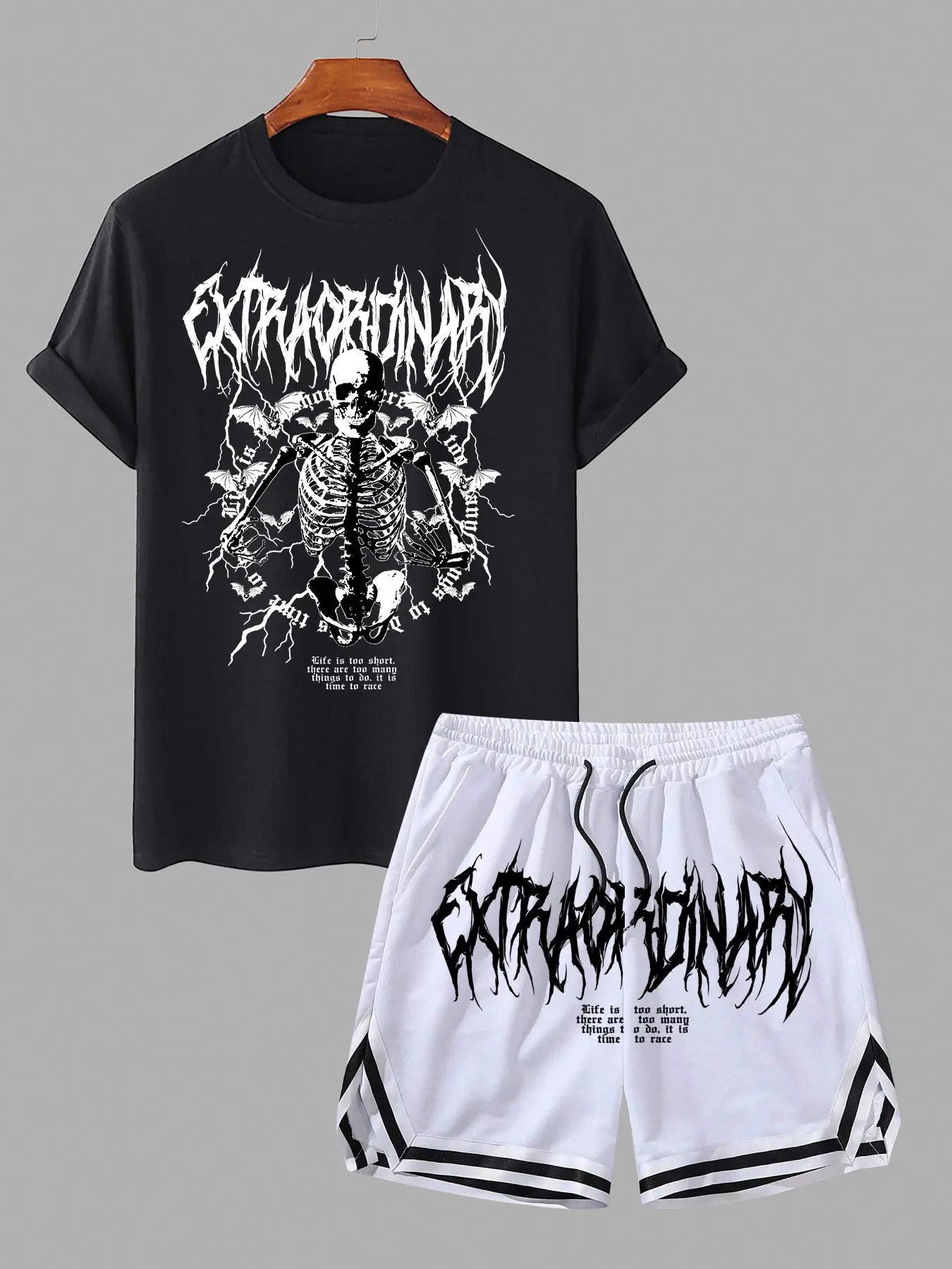 Cyber-Y2K Skeleton Graphic Print 2 Piece Set Menswear Men's Oversized Streetwear Tee & Athletic Shorts | Dark Grunge Aesthetic Outfit for Summer Rave & Urban Lifestyle