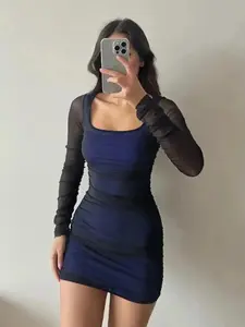 Refined Women's Contrast Mesh Sheer Ruched Long Sleeve Bodycon Dress Elegant Square Neck Mini for Party Club Dating Wear Spring Fall Formal, OOTD, Wardrobe Staple, Vacation Mode, Vacation Ready, Night Out, Comfy Cozy