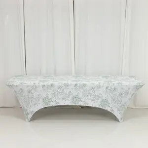 Spandex Fitted Rectangle Tablecloth 8ft – White & Dusty Sage Green French Toile Wrinkle-Free Stretch Table Cover