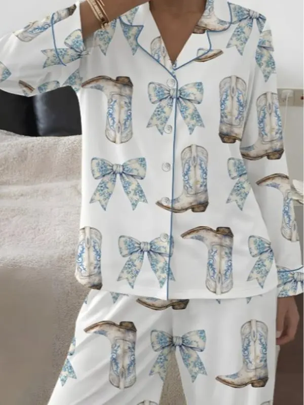 Western Cowboy Pajama Set, Satin Horse Toile Sleepwear, Retro Cowgirl Lounge Set