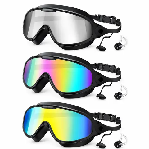 Youth Adjustable Swim Goggles Set (3-Pack/2-Pack) - Wide View, UV Resistant, Fog Free, Waterproof, Leakproof, UV400 Protection, with Nose Clips for Outdoor Water Sports, Adjustable Swim Swimming Goggles