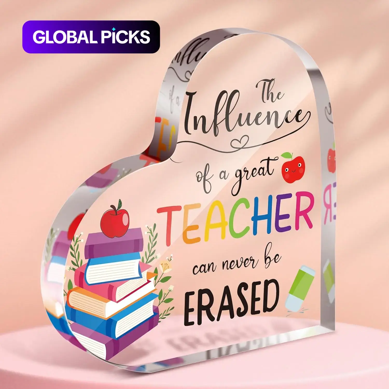 Acrylic Heart-Shaped Desktop Ornament, 1 Count Book and Letter Design Decorative Plaque for Teachers, Office and Classroom Desk Decoration #GLOBAL PICKS