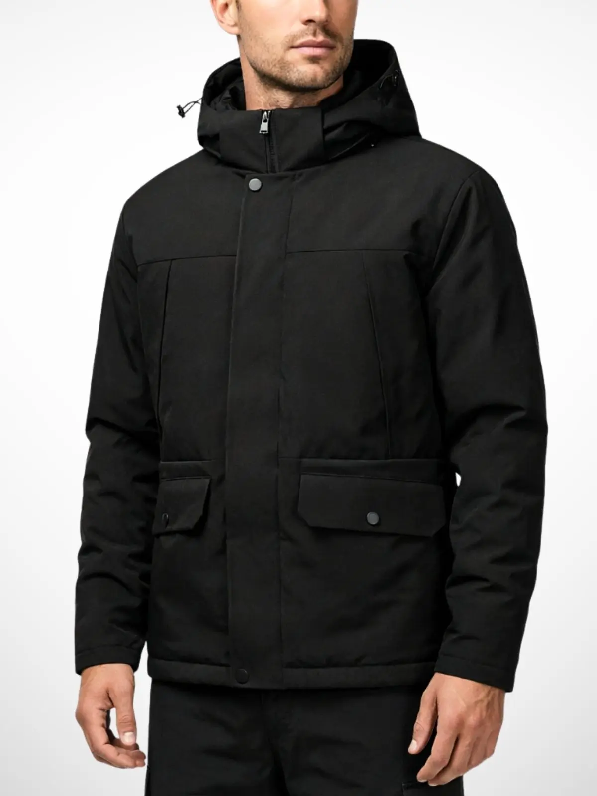 Men’s winter fleece-lined hooded jacket, outdoor workwear top, multi-pocket warm parka