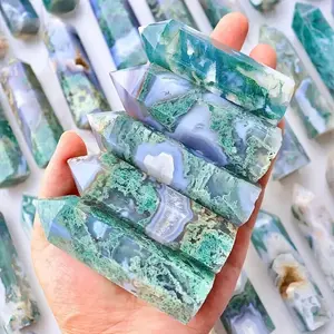 Natural Polished Moss Agate Crystal Tower Point Healing Reiki Chakra Specimen Hexagonal Obelisk Home Decoration-1PCS