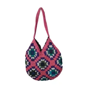 Kaye's Kreations Granny Square Bag with Liner - Handmade Crochet Tote with Colorful Floral Pattern and Pink Strap