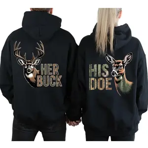 Her Buck His Doe Hunting Couple Matching Hoodies Graphic Hoodie Casual  Fleece Fabric Pullover Hooded Sweatshirt for Women for Men, Perfect Gift Classic Menswear