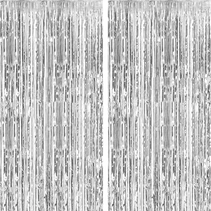 2Pcs Curtain Backdrop Silver Metallic Tinsel Foil Fringe Curtains， Photo Booth Props for Birthday，Wedding Engagement，Baby Shower，Bachelorette Christmas Holiday Celebration，Party Decorations, Shimmer Wall Backdrop, Party Decoration Supplies