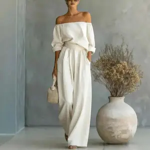 LUXEHAEVEN Casual Two-Piece Womens Outfit Off-Shoulder Top And Wide-Leg Pants Set