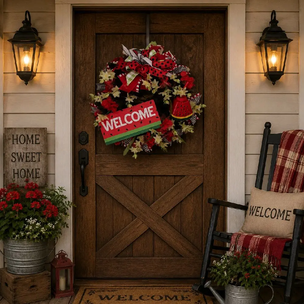 Summer Decor Watermelon Door Wreath, Handmade Artificial Fruit Wreath for Front Door, Porch Decoration
