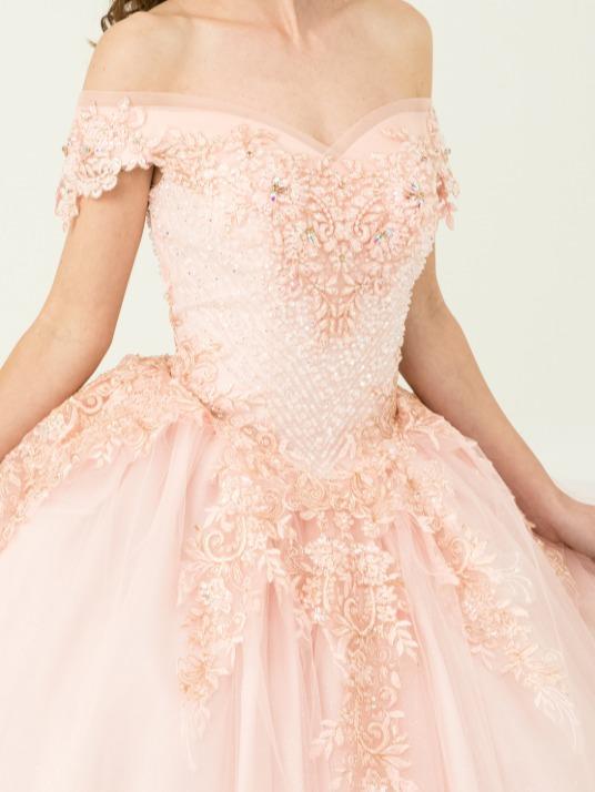 NO.55 Blush Champagne Offwhite Ball Gown Dress Crystal Beading and Sequin Appliqué Glitter Tulle Quinceañera Dress