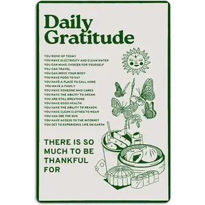 Daily Gratitude Inspirational Metal Tin Sign Green Boho Room Aesthetic Decoration Home Kitchen Office Bedroom Cafes Wall Decor 8x12 Inch