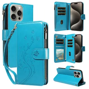 Magnetic Wallet Case for iPhone 16 Pro Max/15 Pro Max/14/13/12/11, Card Holder with Lanyard, Press Money Bag Design, Durable Material