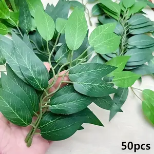 50pcs Willow Leaf Artificial Greenery Decor, DIY Craft Flower Leaf Decorations, Evergreen Plant Decor for Tabletop Display, Seasonal Celebration Faux Greenery, Versatile Decor - Suitable for Home Decor, Wedding and Party Event Decorations