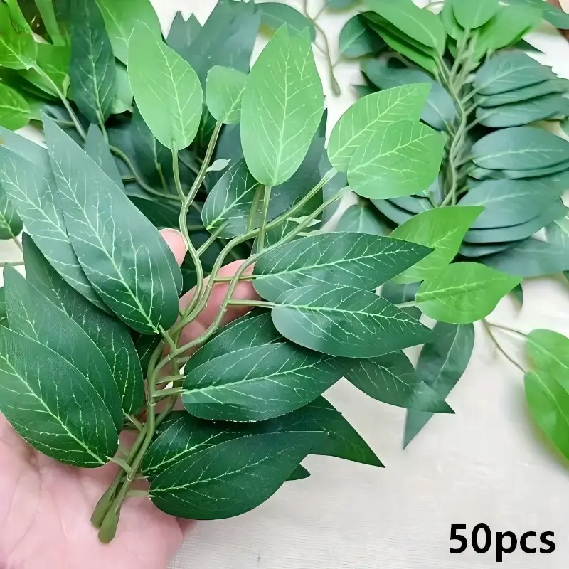 50pcs Willow Leaf Artificial Greenery Decor, DIY Craft Flower Leaf Decorations, Evergreen Plant Decor for Tabletop Display, Seasonal Celebration Faux Greenery, Versatile Decor - Suitable for Home Decor, Wedding and Party Event Decorations