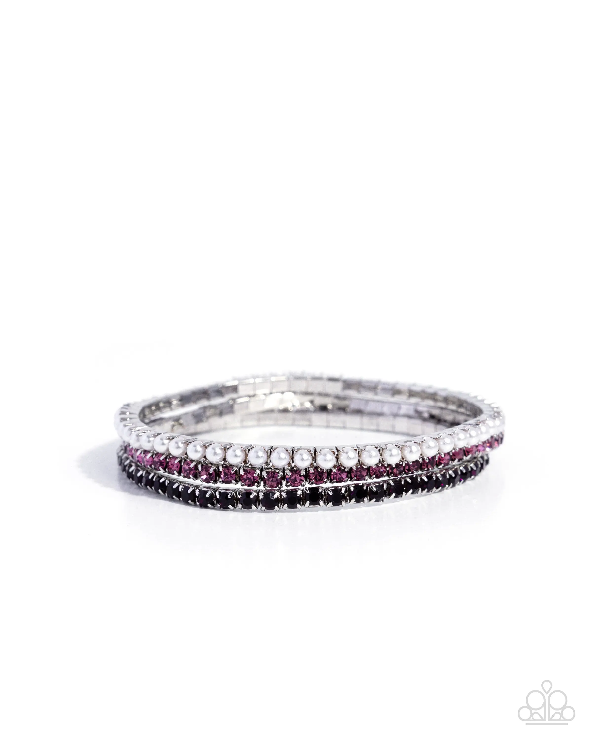 Colorful Cabaret - Purple Rhinestone White Pearl Silver Stretchy Bracelet Stack - Paparazzi