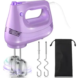 Electric Hand Mixer with Stainless Steel Whisk, Dough Hook Attachment and Storage Bag, Handheld Mixer for Baking Cakes, Eggs, Cream  Mixers. Turbo Boost /5 Speed Kitchen Blender PURPLE