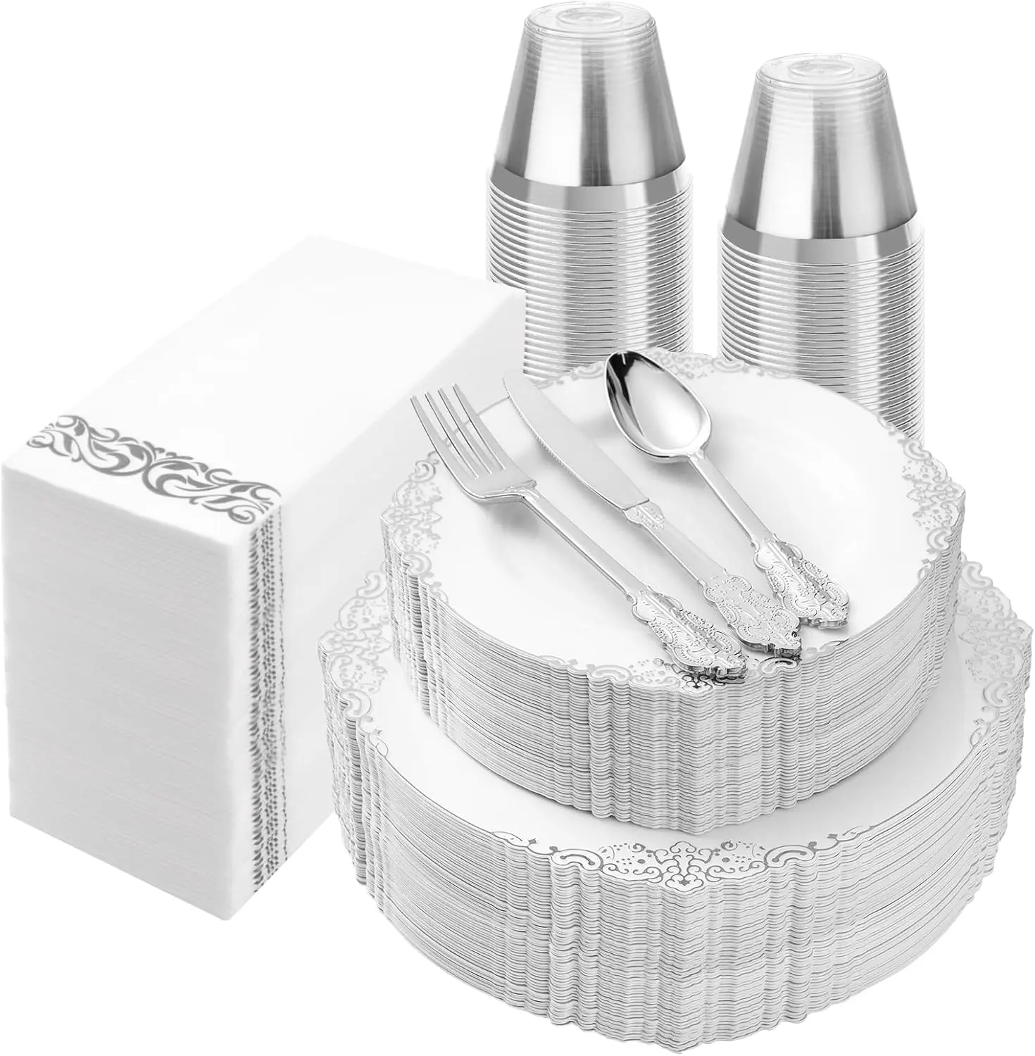 350PCS Silver Plastic Plates for 50 Guests, Disposable Dinnerware Set Includes 100 Disposable Plates, 15In0 Silver Silverware, 50 Cups, 50 Napkins for Party | cludes 100 Disposable Plates, 150 Silver Silverware, 50 Cups, 50 Napkins for Party, Wedding