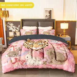 3pcs (1 comforter + 2 pillowcases) Pink Leopard Print Flannel & Milk Velvet Comforter Set, Soft Cozy Warm Bedding Set, Trendy Bedding Essentials