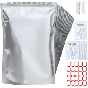 15 Pack 5 Gallon Mylar Bags with Oxygen Absorbers - 10.5 Mil Mylar Bags for Food Storage with 15 Single Sealed 2000cc Oxygen Absorbers & Labels & Clips - for Long Term Food Storage Organiser