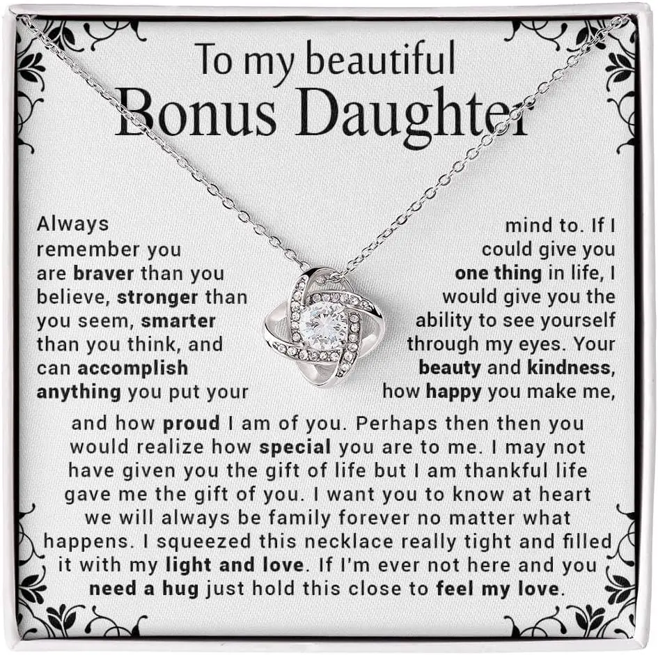 To My Bonus Daughter Necklace, Stepdaughter Necklace From Stepfather Stepmother, Bonus Daughter Birthday Gift From Stepdad Stepmom, Stepdaughter Gift With Message Card And Box
