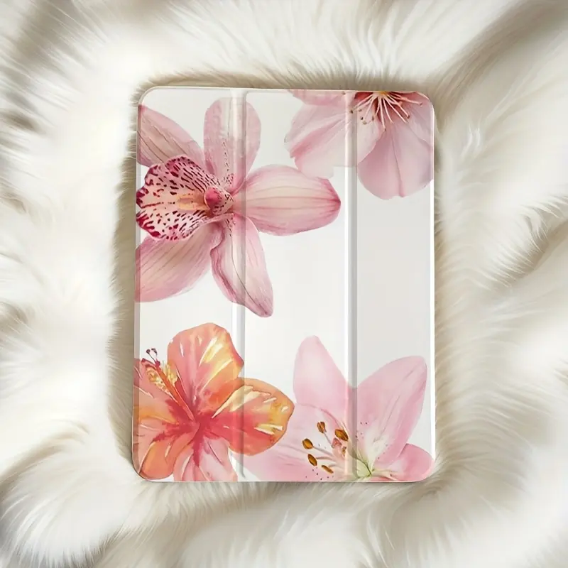 1pc Light Pink Floral Tri-Fold Stand with Pencil Holder, Anti-Fall Protection for  Case, Foldable Non-Slip Adjustable Kickstand, Flexible Hybrid Cover, Compatible with for iPad mini,iPad Air,iPad Pro 10th generation,11th generation